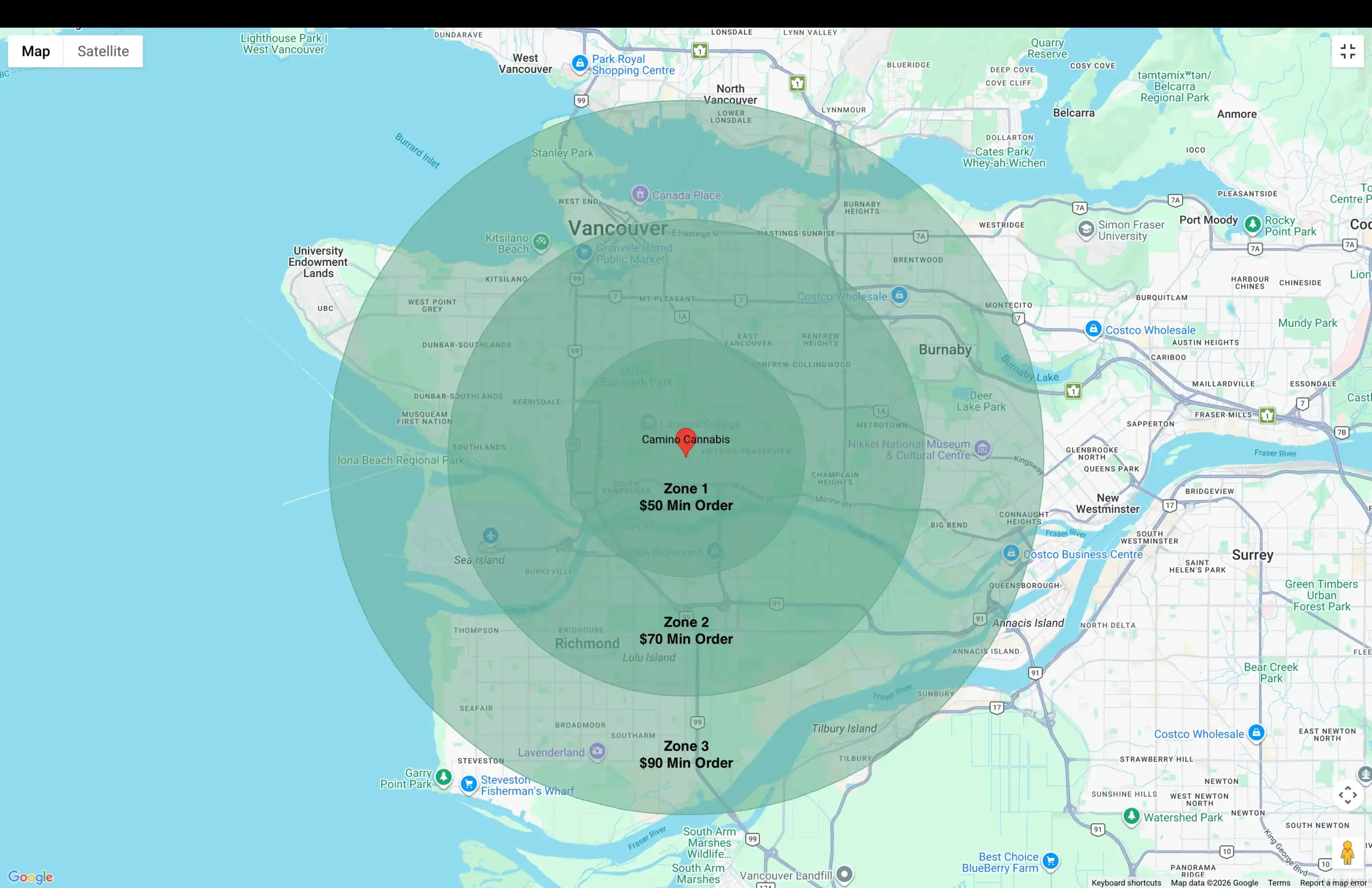 Map of the delivery zones for cannabis delivery from Camino Cannabis