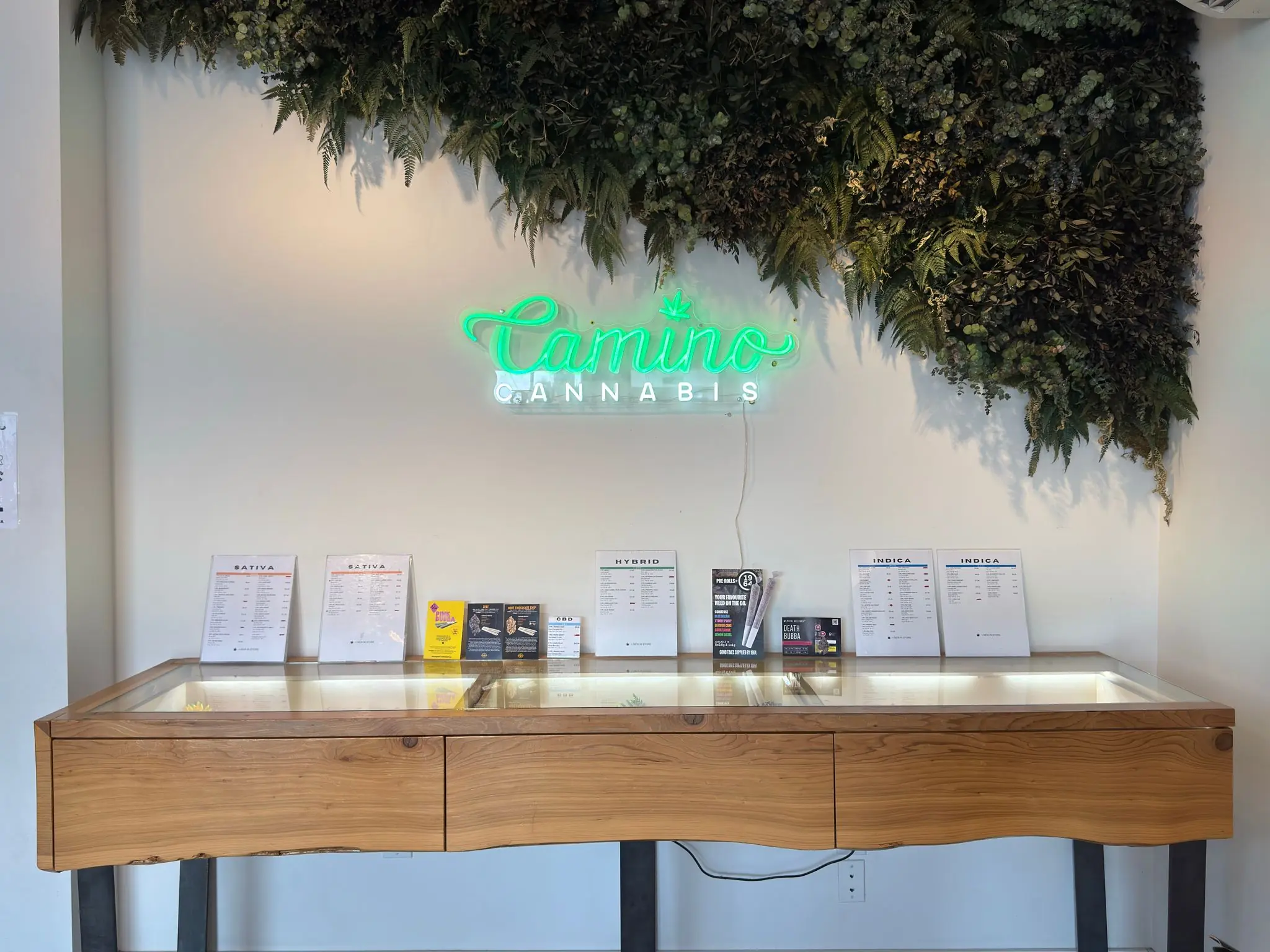 Camino Cannabis Interior Neon Sign nside Camino Cannabis on Fraser Street in South Vancouver.