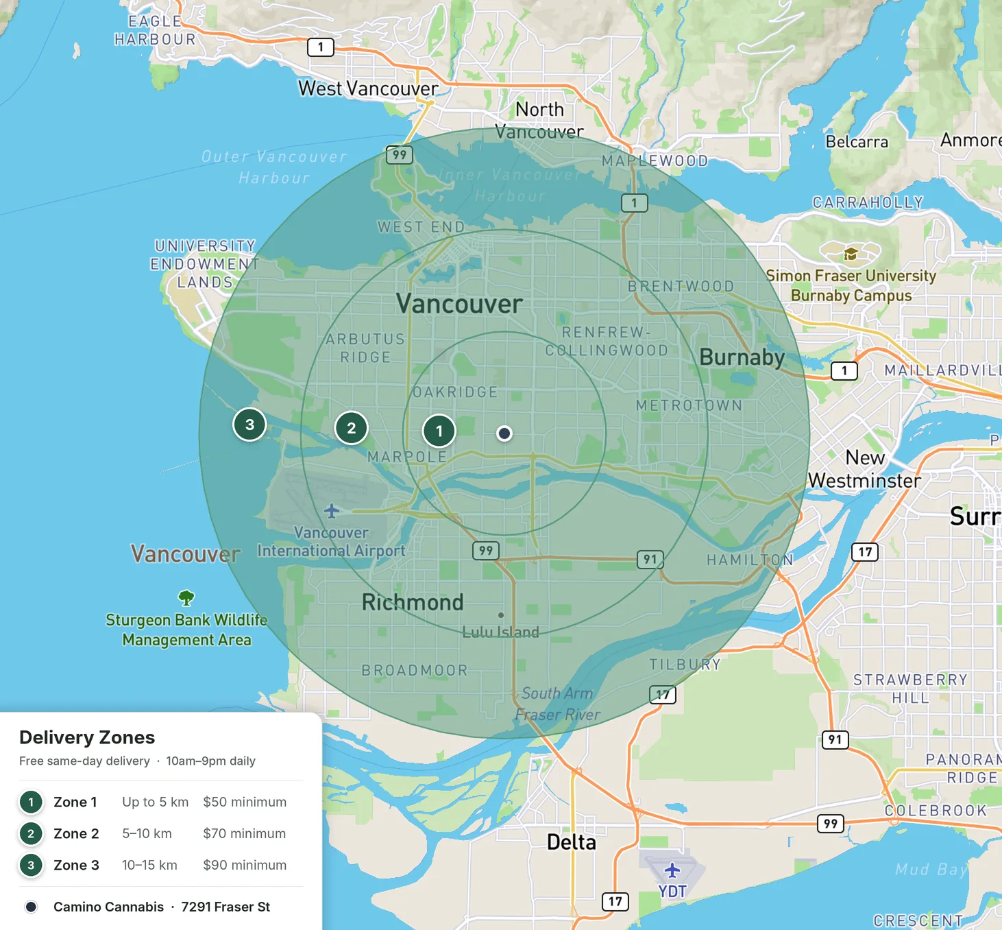 Map of Camino Cannabis free delivery zones around 7291 Fraser St: Zone 1 up to 5 km, Zone 2 5–10 km, Zone 3 10–15 km, covering Vancouver, Burnaby and Richmond